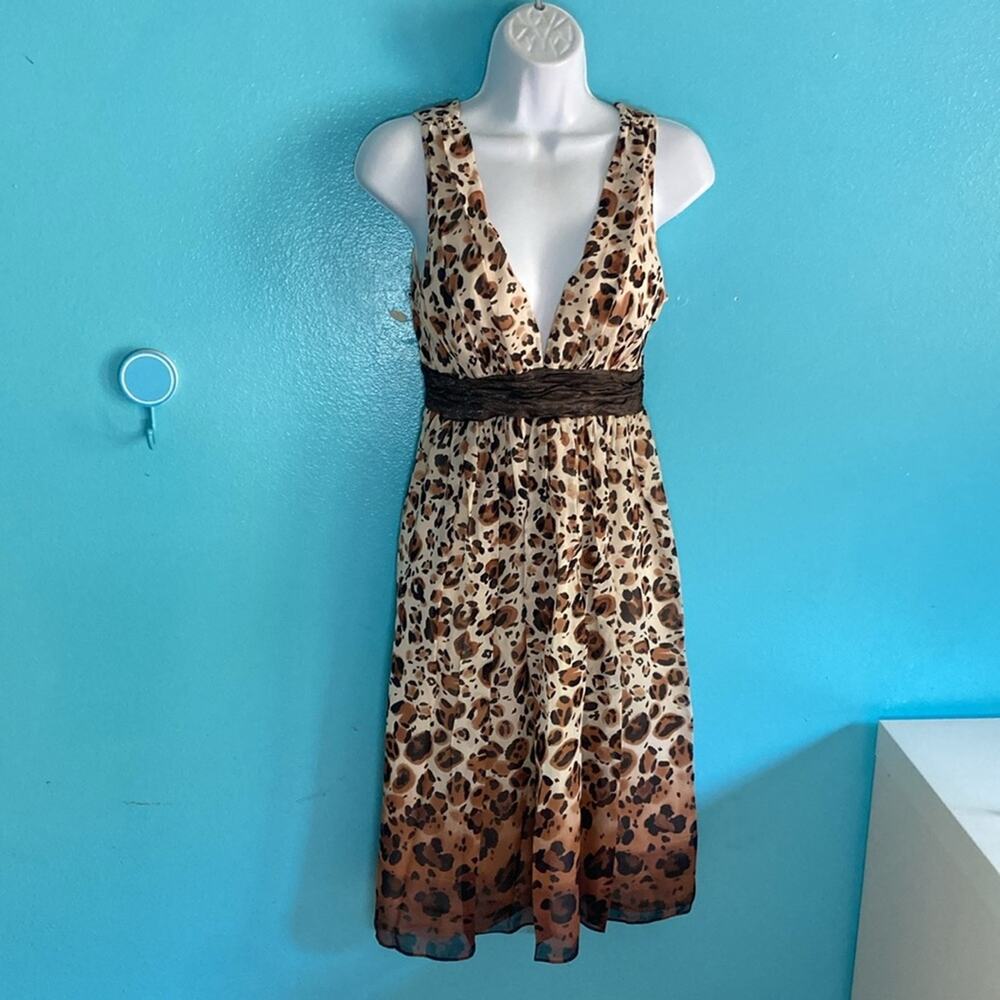Nicole Miller 90's Silk Animal Print Midi Dress Womens Size 6 Plunging Neckline